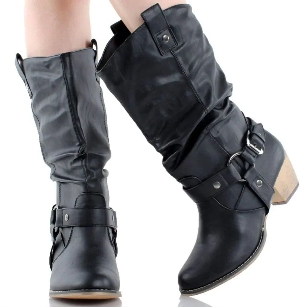 Women's Mid Calf Cowboy Boots Distressed Slouchy O-Ring Studded Pull ON BOOT